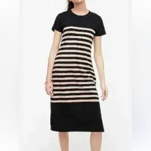J.Crew Women Black Beige Striped Cotton Midi T-shirt Dress S with Side Slit, XL